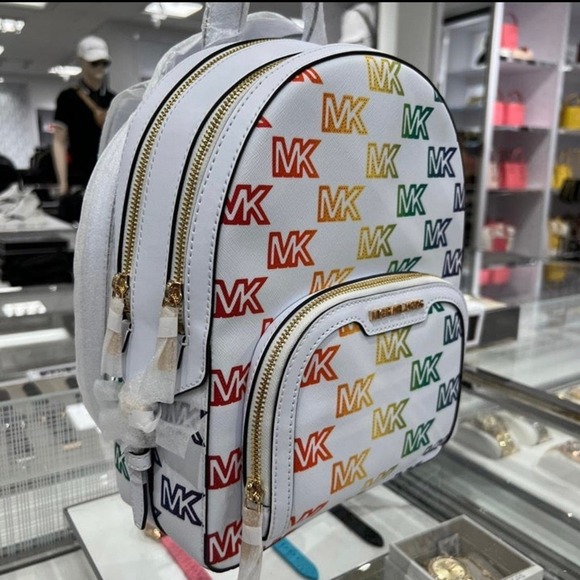 Michael Kors Backpack Jaycee Medium Jet Set MK Signature Rainbow Optic White NWT - Picture 11 of 12